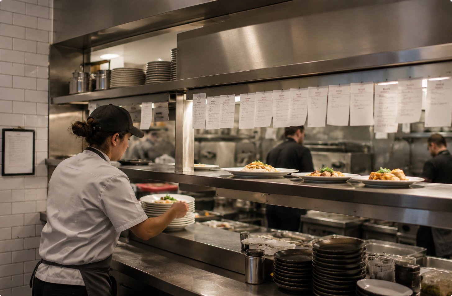 A kitchen pass window with tickets hanging and plates up