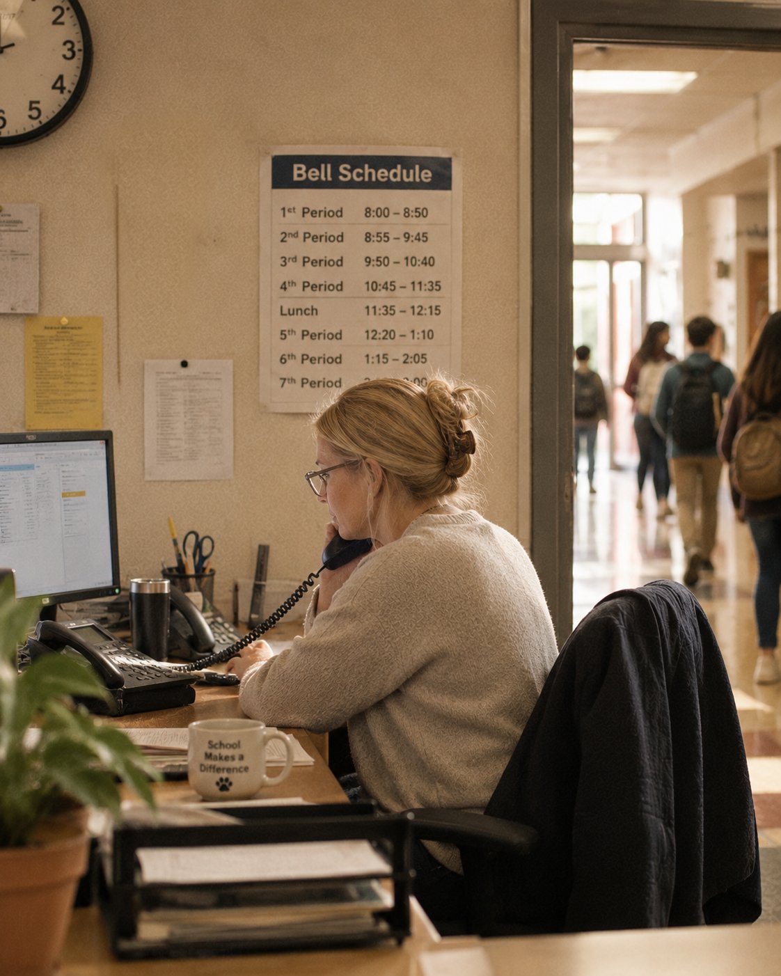 A school front-office desk: two phones, paperwork, and a mug that reads School Makes a Difference